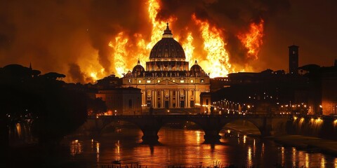 Fototapeta premium St. Peter's Basilica in Rome engulfed in flames