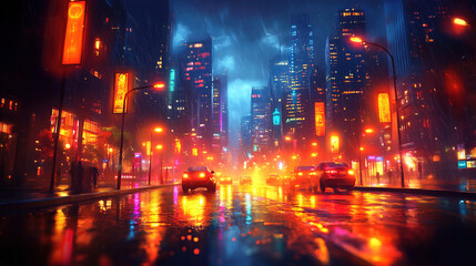 Obraz premium Urban street illuminated by neon lights and rain in a vibrant city at night. Generative AI