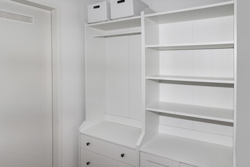 Fototapeta premium Empty shelves and drawers in modern wardrobe
