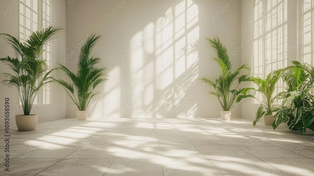 Poster Sunlit Interior with Palm Trees and Window Shadows