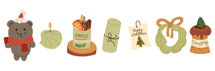 Christmas decorations set. Winter holiday elements, stuff bundle. Xmas ornaments, decor, fir wreath, festive tree, gift box, candles and bears. Flat vector illustrations isolated on white background
