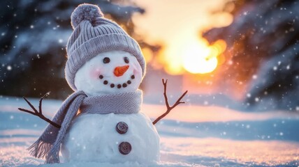 A funny snowman. He is wearing a grey knitted hat with a pompom and a scarf. Snowflakes gently fall in the background, adding a festive mood to the landscape.