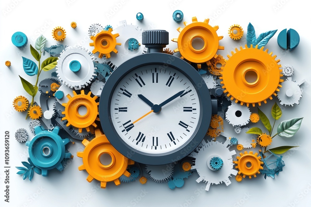 Poster Clock Face Surrounded by Interlocking Cogs and Leaves