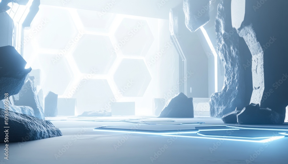 Poster Abstract futuristic white room with glowing lines and hexagonal windows