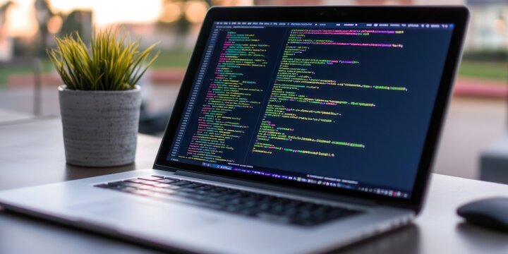 Laptop displaying code with a small potted plant beside it