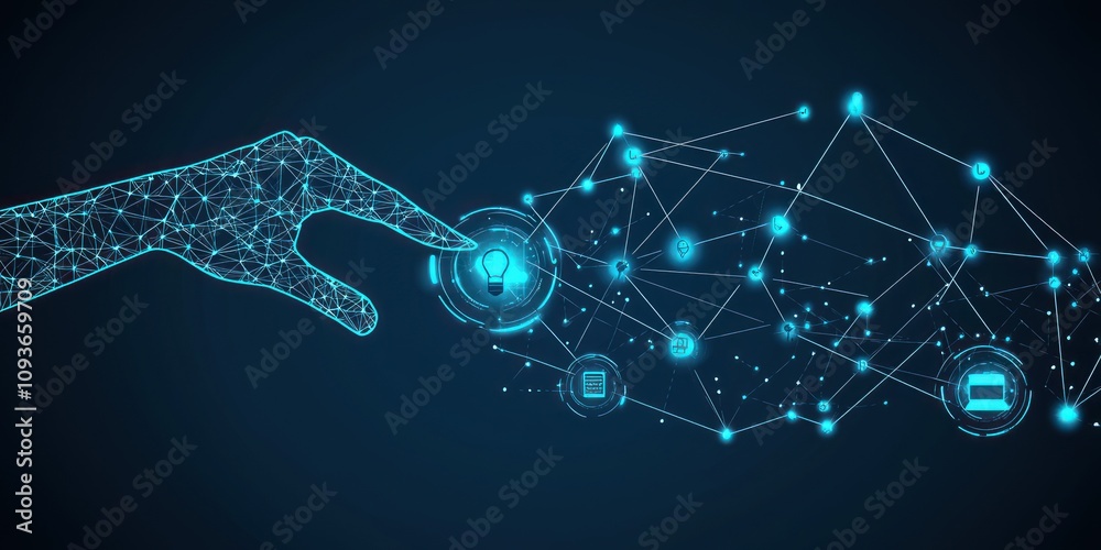 Poster A Wireframe Hand Interacting with a Network of Lightbulb and Other Icons