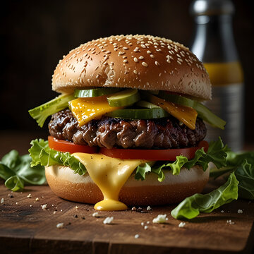 hamburger on a plate with chease and vegetables.