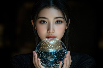 Naklejka premium Woman Gazing Mystically at a Luminous Crystal Ball