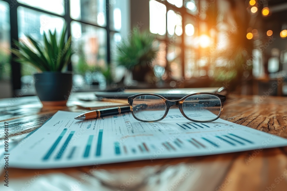 Aufkleber a pair of eyeglasses on a business document with a pen and blurred background