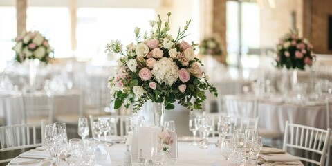 A  Floral Centerpiece on a White Tablecloth at a Wedding Reception