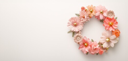 A delicate floral wreath featuring soft pink flowers and dried accents, set against a light wooden background, vintage handmade Christmas wreath.
