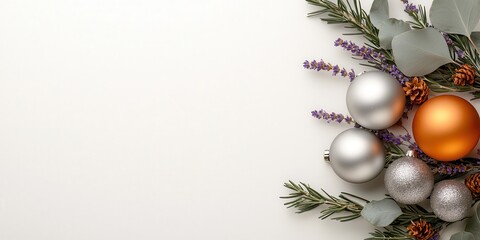 Festive holiday arrangement with ornaments and greenery on a light background. Vintage handmade Christmas decoration.