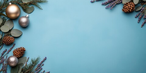 Festive holiday decorations on a blue background. Vintage handmade Christmas decoration.