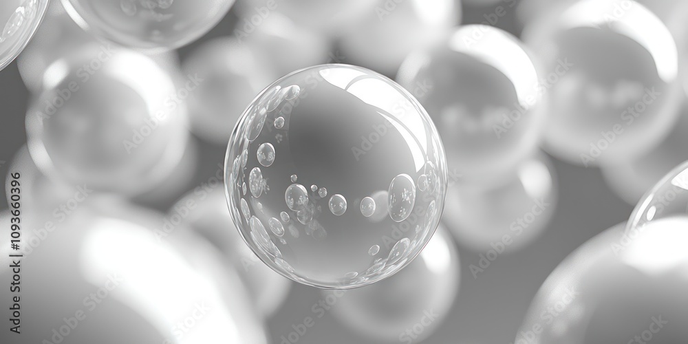 Poster a single transparent sphere with smaller bubbles inside, surrounded by other blurred spheres