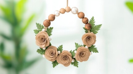 Floral wreath adorned with pink roses, pinecones, and pearls, set against a rustic wooden background, perfect for home decor, vintage handmade Christmas wreath.