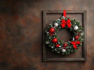 Christmas wreath in a wooden frame with red and silver ornaments. Vintage handmade Christmas wreath.