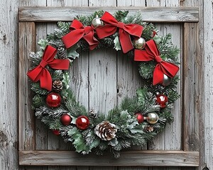 Christmas wreath with red bows and ornaments on wooden background. Vintage handmade Christmas wreath.