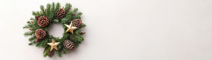Christmas wreath with pine cones and gold stars on a light background. Vintage handmade Christmas wreath.