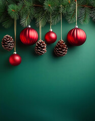 Naklejka premium red christmas balls pinecones hang row vibrant green backdrop