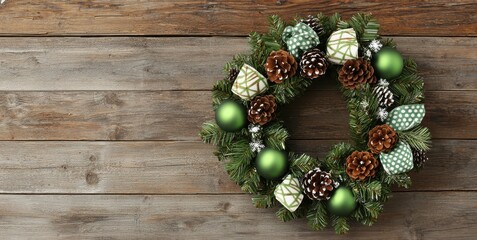 Festive Christmas wreath with pinecones and ornaments on wooden background. Vintage handmade Christmas wreath.