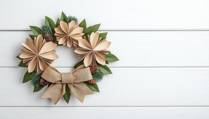 A decorative floral wreath with pink flowers and a burlap bow, set against a textured gray background, vintage handmade Christmas wreath.