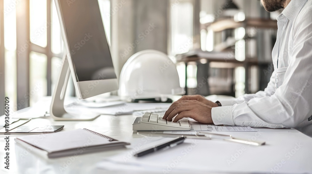 Poster Close-up of a Man's Hands Typing on a Keyboard in an Office Setting