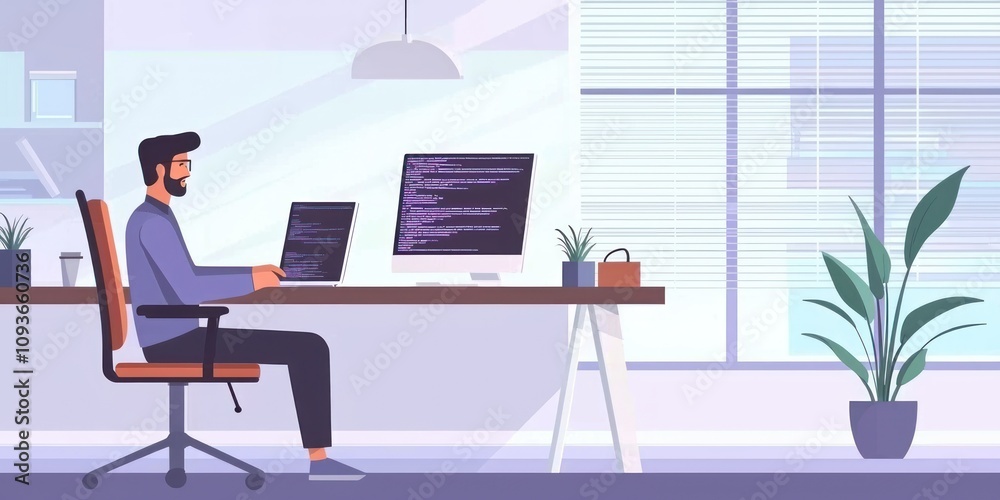 Aufkleber Man Working at a Desk with a Computer and Laptop