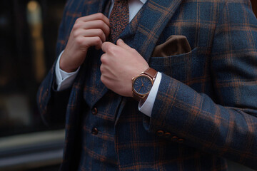 Naklejka premium Eleganter Mann mit Armbanduhr im stilvollen Anzug