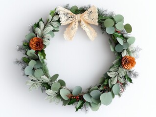 A decorative wreath adorned with eucalyptus, flowers, and a lace bow, set against a light wooden backdrop, vintage handmade Christmas wreath.