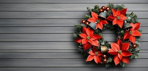 A festive arrangement featuring red bows, bells, and greenery against a soft, bokeh background, perfect for holiday themes, vintage handmade Christmas wreath.