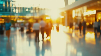 Fototapeta premium Blurry Silhouette of People Walking in a Modern Building with Sunlight Streaming Through Windows