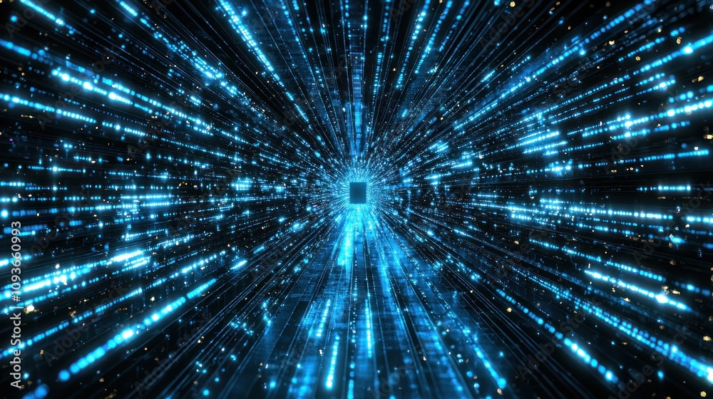 Poster abstract digital tunnel with blue lights and glowing particles