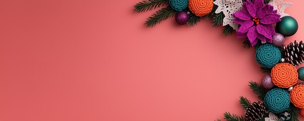 Festive decorations with colorful ornaments on a coral background. Vintage handmade Christmas decoration.