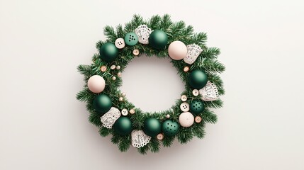 Christmas wreath decorated with green and pink ornaments on a white background. Vintage handmade Christmas wreath.