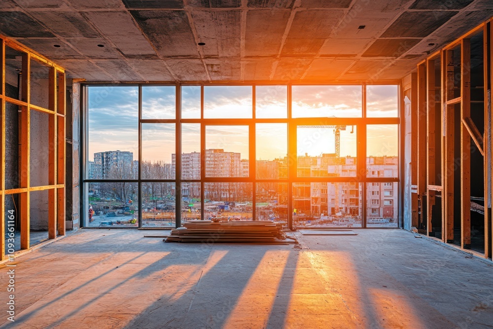 Poster empty room under construction with large window overlooking city skyline with sunset.
