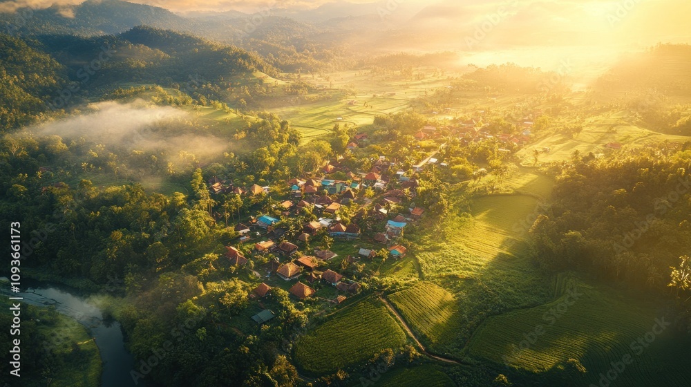 Poster aerial view of a small village nestled in a valley with a river running through it. the sun is setti
