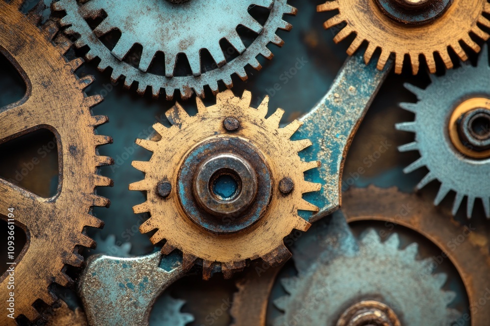 Poster close-up of intricately meshed gears, showcasing their intricate detail and rusty patina.