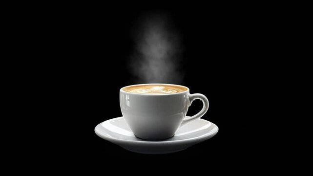 Steaming cup of coffee with creamy latte art foam isolated on a black and a white background, with clipping path or alpha channel