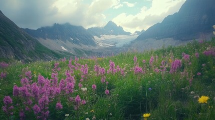 Obraz premium A field of vibrant pink wildflowers in the foreground with a majestic mountain range and a glacier in the background.