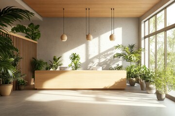 A minimalist reception area with wooden counter, potted plants, and large windows.