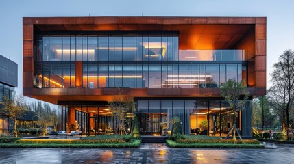 Corporate building in modern architectural style, sleek and professional design