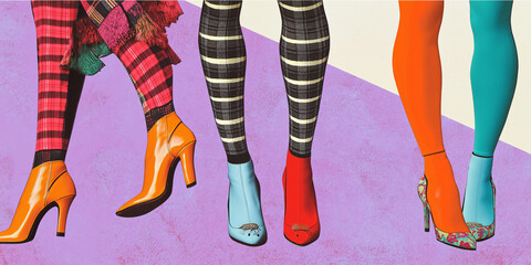 Farbenfrohe Beine in High Heels vor lila Hintergrund

