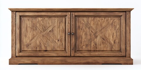 Rustic wooden cabinet with two doors and X-shaped design.