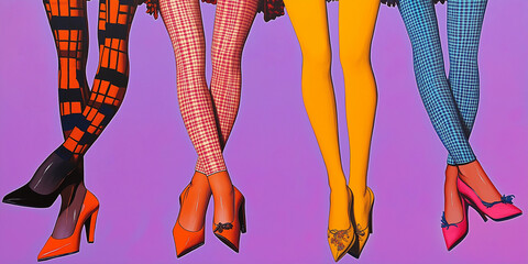 Farbenfrohe Beine in High Heels vor lila Hintergrund

