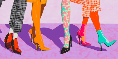 Farbenfrohe Beine in High Heels vor lila Hintergrund

