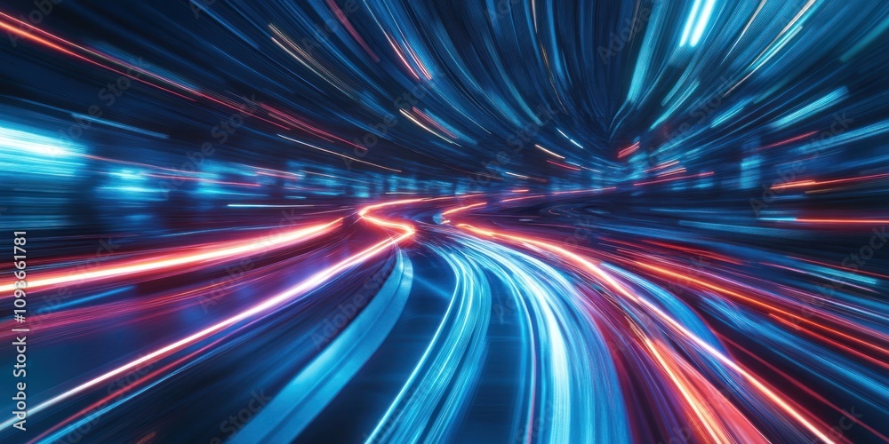 Poster abstract background of blue and red light trails in a tunnel.