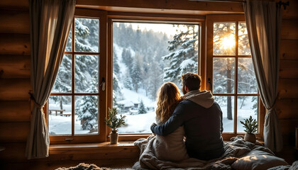 A couple snuggling in front of a large window in a cabin on vacation in the mountains where it's snowing on a hill with trees and sunset in s resort ski chalet apres ski