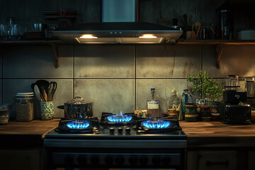 A kitchen scene showcasing a gas stove with two burners aglow, their blue flames illuminating the surrounding space.