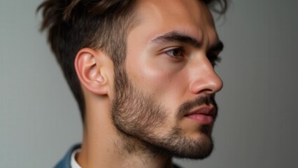 Obraz premium A close-up of a man showing off the best small beard styles, designed to enhance his facial features.