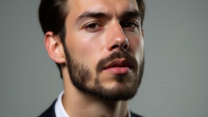Fototapeta premium A close-up of a man showcasing the best small beard style, with defined edges and a modern fade.